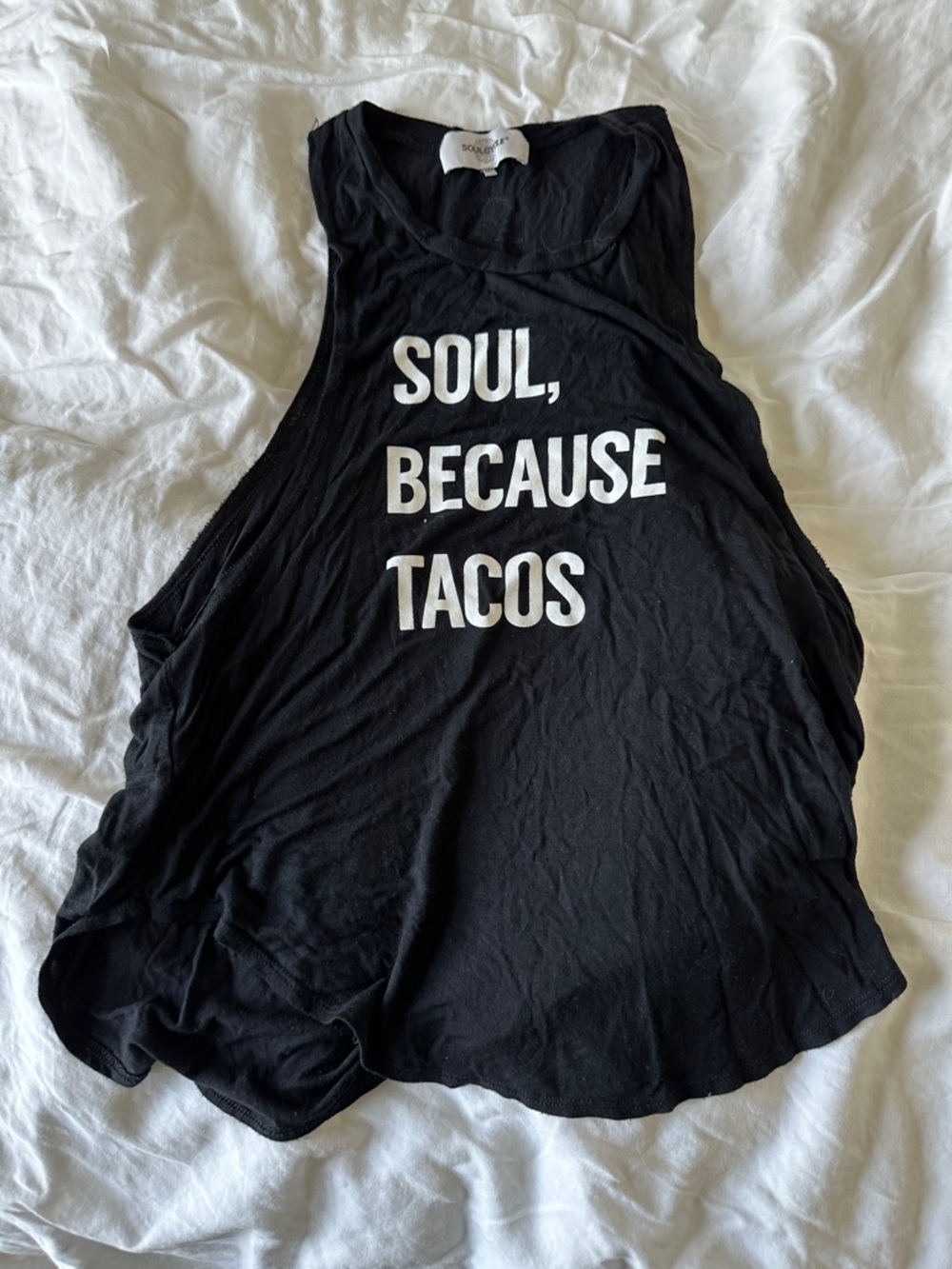soulcycle Black Tank with White "SOUL, BECAUSE TACOS" Graphic